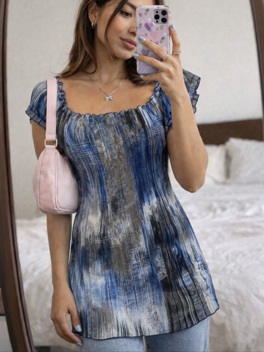 Y2k Jaipur Pleated Blouse Top Blue Size Large Abstract Short Sleeve